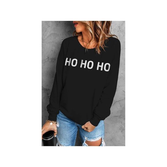 Azura Exchange  Black HO HO HO Print Long Sleeve Pullover Sweatshirt - Picture 6 of 6